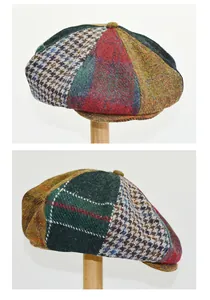 Detailed macro view showing the vibrant textures of a multi-color patchwork tweed beret