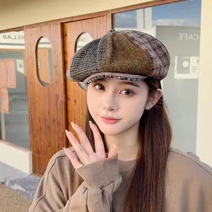 Retro Patchwork Wool Tweed Beret Hat Men Women Kids Autumn Winter Plaid Painter Cap British Style Vintage Warm Woolen Hat