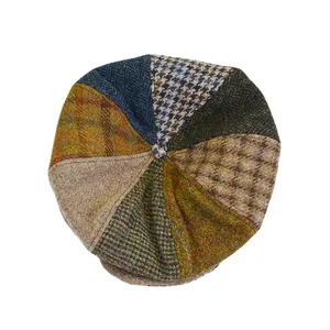 Vintage patchwork Harris Tweed wool beret hat with classic checks and herringbone patterns