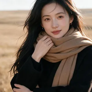 Warm camel faux cashmere scarf for women in a stylish outdoor autumn setting.