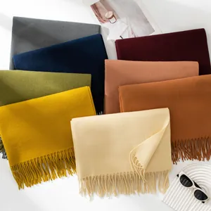 Close-up of assorted solid color faux cashmere scarves with fringe details