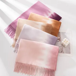 Collection of gradient tie-dye scarves with soft fringe tassels in autumn colors