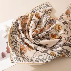 Detailed macro view of high-end silk wool scarf featuring exotic floral print and soft texture