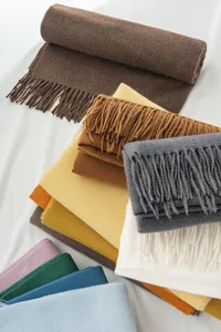 Collection of various colorful cashmere-like winter scarves with elegant fringe tassels
