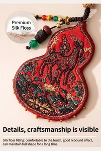 Detailed macro shot of a handmade silk embroidered gourd pendant showing intricate texture