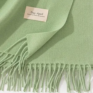 Detail of mint green faux cashmere scarf featuring delicate tassels and woven texture.