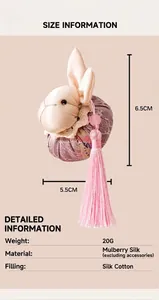 Detailed view of handmade mulberry silk rabbit pendant with elegant pink tassels