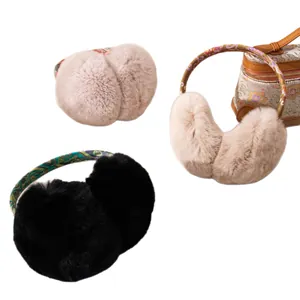 Winter warm plush earmuffs with ethnic floral headband for women in beige and black