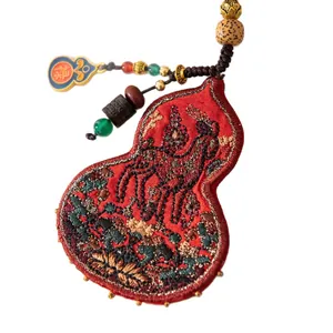 Handmade silk embroidered gourd pendant with horse motif in traditional Chinese style.