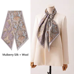 Foulard de Luxe pour Femmes en Mélange de Soie de Mûrier et Laine Double Couche Couleur Contrastée Imprimé Paisley Pied-de-poule Twilly