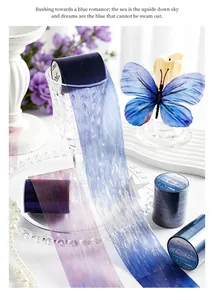 Close-up of decorative washi tape with dreamy blue galaxy and sea patterns for DIY handbooks.