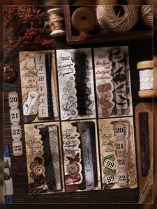 High-definition detail view of six vintage-themed waterproof sticker packs for scrapbooking