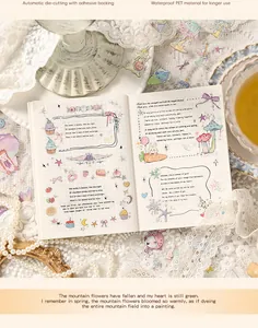 Detailed view of waterproof watercolor PET stickers decorating a vintage grid journal