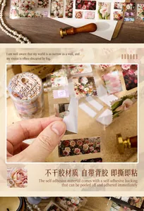 Detailed macro shot of vintage floral PET stickers for DIY scrapbooking and journaling