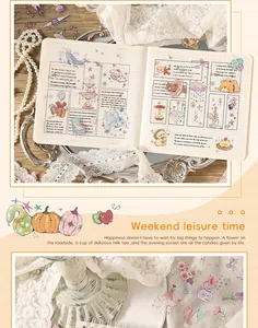 Detail of watercolor PET stickers applied to an open journal with vintage lace props
