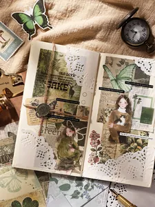 Retro style scrapbook layout showing vintage stickers, butterflies, and illustrations