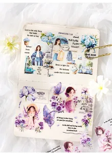 Adesivi estetici in PET con ragazze, fiori viola e farfalle per collage di scrapbooking