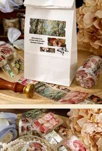 Detail of vintage mushroom stickers and PET tape used for scrapbooking decoration