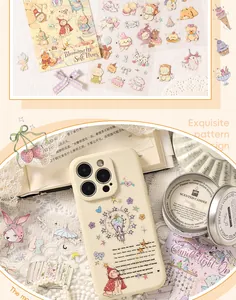 Close-up detail of cute waterproof PET journal stickers applied on a cream phone case