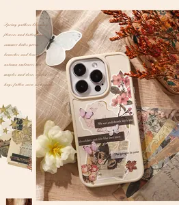 Detail view of a vintage-style phone case featuring butterfly and floral stickers