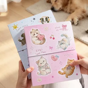 Livre de Rangement pour Autocollants Chat Chien Dessin Animé Mignon Album Photo Portable en Polypropylène avec Bande Élastique