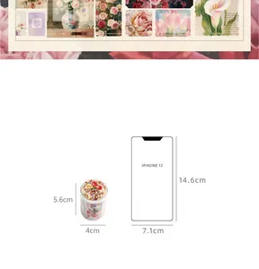 Vintage floral washi tape detail showing 5.6cm height compared with iPhone 12 dimensions.