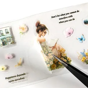 Adesivi trasparenti in PET per journaling con ragazza vintage e disegni floreali