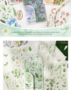 Detailed macro view of PET floral stickers for scrapbooking with botanical patterns.