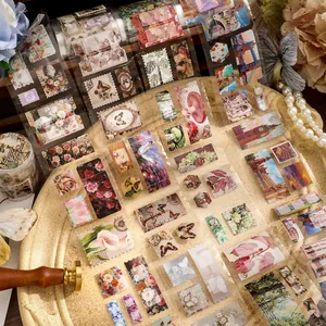Vintage floral washi tape and decorative stamp stickers for scrapbooking and DIY crafts