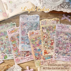 Pastel PET decorative stickers for journaling, 4-sheet pack with floral and cute designs