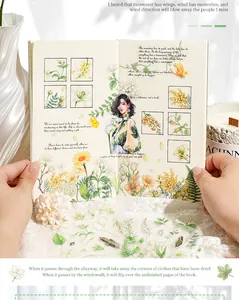 Detail view of decorative floral PET stickers on a vintage style journal page