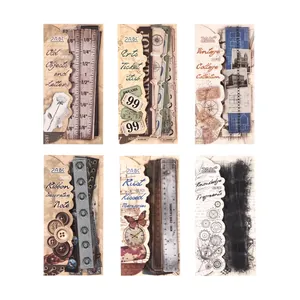 Vintage waterproof stickers set for scrapbooking with retro ticket and ruler themes.