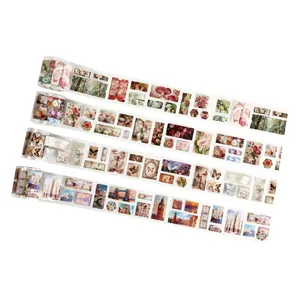 Vintage washi tape strips with floral, butterfly, and landmark designs for DIY journaling