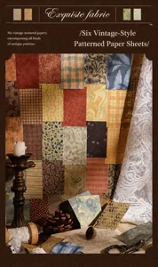 Macro view of vintage textured scrapbooking paper with floral and plaid patterns