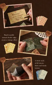 Detail view showing vintage material paper texture, tearing effect, and writing quality.