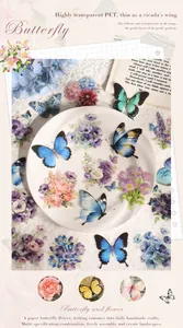 Macro view of transparent waterproof butterfly and flower PET stickers for journaling