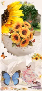 Detailed close-up of waterproof PET stickers featuring sunflowers and blue butterflies.