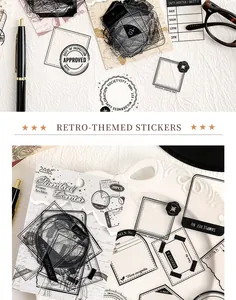 Detaillierte Makroansicht transparenter PET-Sticker im Vintage-Stil mit Stempel-Designs