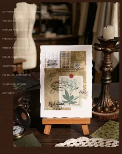 Exquisite vintage forest-themed DIY journal material card on wooden easel with botanical prints