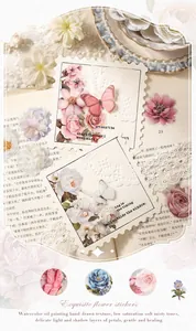 Dettaglio degli adesivi in PET con fiori ad acquerello per journaling creativo