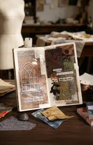 Artistic close-up of vintage DIY scrapbook materials in a creative studio setting
