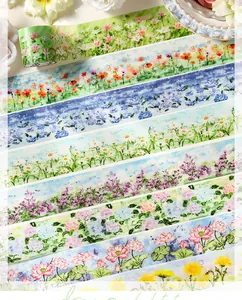 Macro detail of various watercolor floral patterns on decorative PET journaling tape