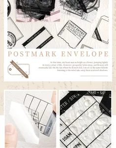 Makrodetail von vintage PET wasserfesten Aufklebern mit Poststempel-Umschlagdesigns