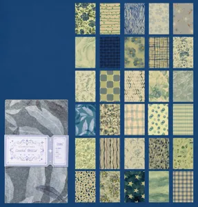Detailed grid of 30 vintage scrapbook paper patterns with botanical and geometric designs.