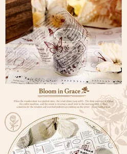 Macro detail of transparent PET tape featuring vintage butterfly and floral prints for journaling