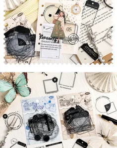 Makro-Detailansicht von Vintage-Rahmen und Poststempel PET-Aufklebern für Journaling