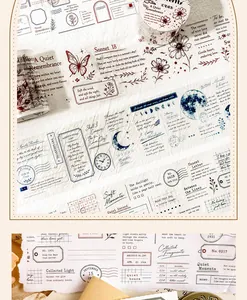 Detail view of artistic PET tape featuring vintage script, moon phases and floral designs