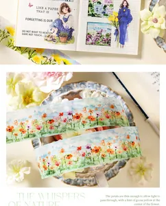 Close-up detail of floral watercolor PET washi tape for scrapbooking and journal decoration