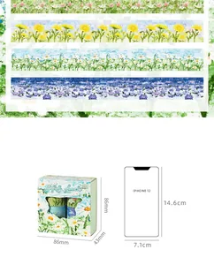 Detailed size comparison of floral PET decorative tape box set with iPhone reference