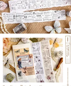 Vintage musical score and floral PET washi tape for aesthetic journaling decoration